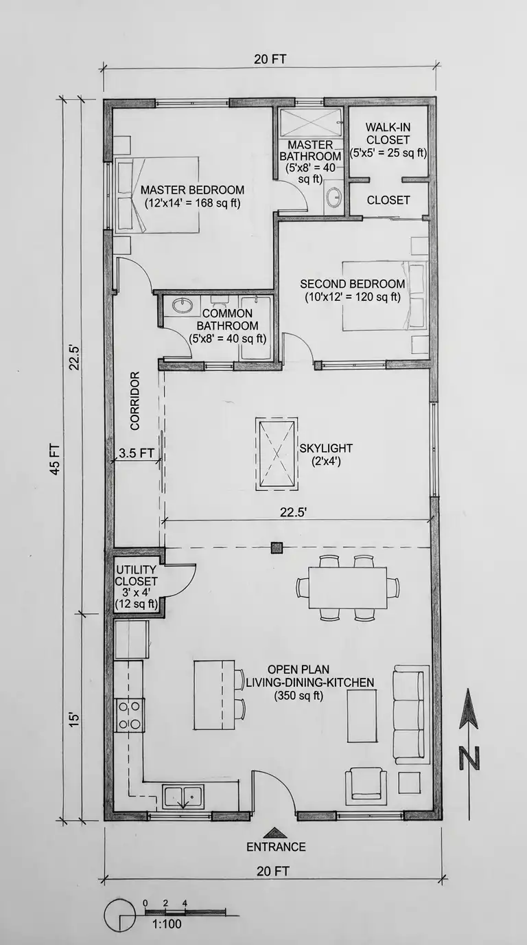 18′ x 50′ House Plan (900 sq ft / 83.6 m²)