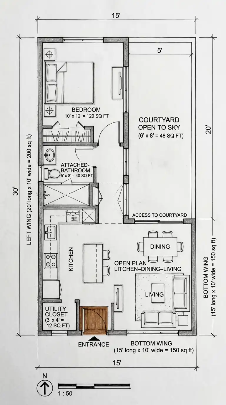 15′ x 30′ House Plan (450 sq ft / 41.8 m²)