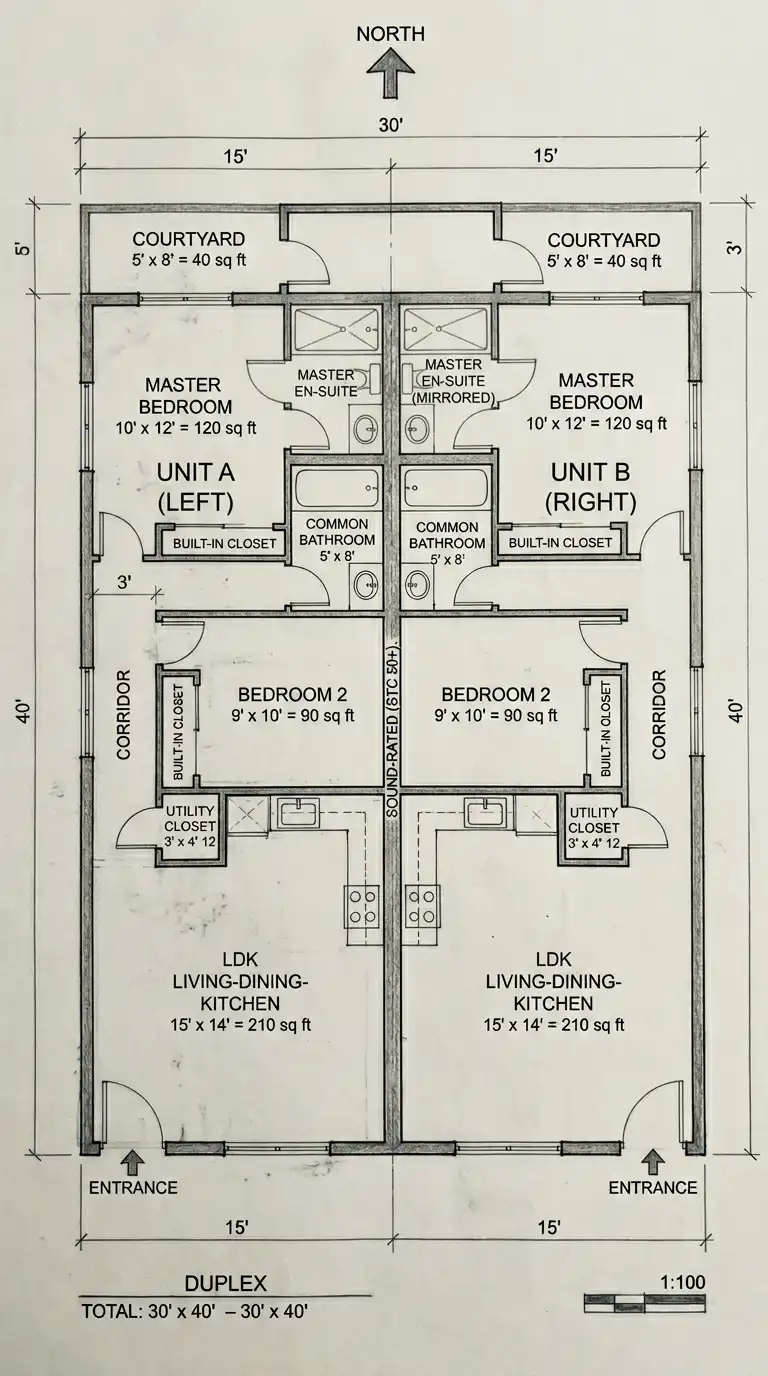 30′ x 40′ House Plan (1,200 sq ft / 111.5 m²)