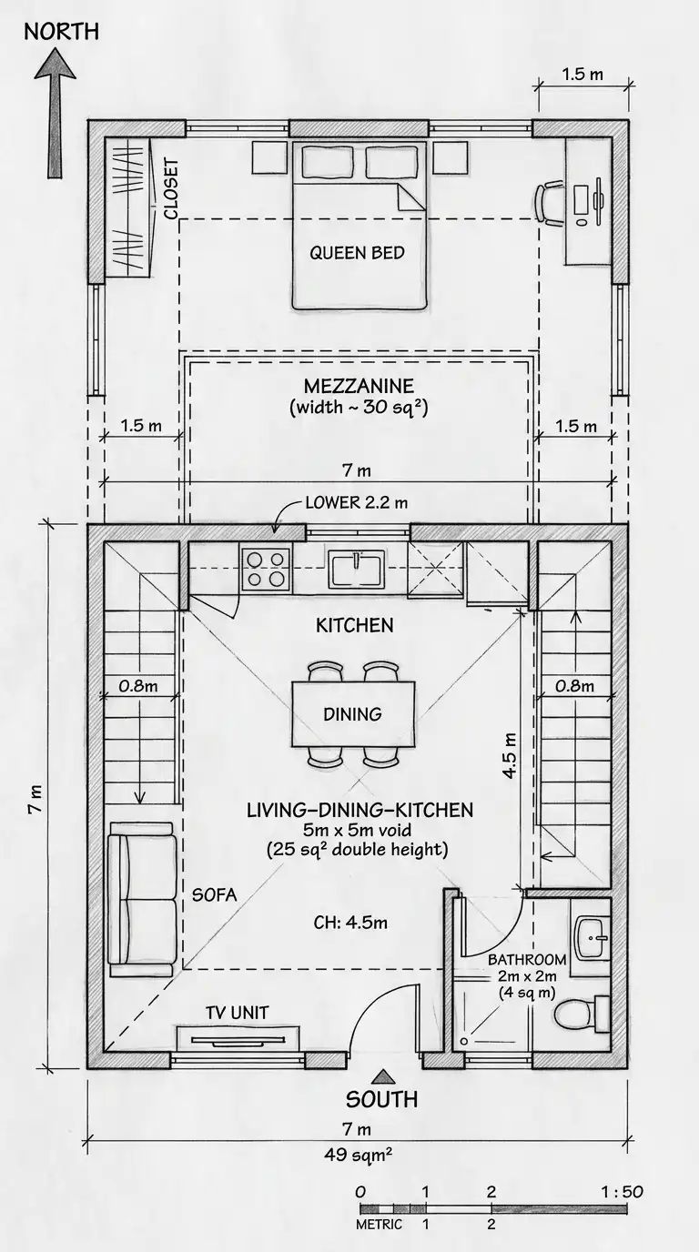 8 Mezzanine Interior Small House Plan (Under 60 m² / 650 sq ft)