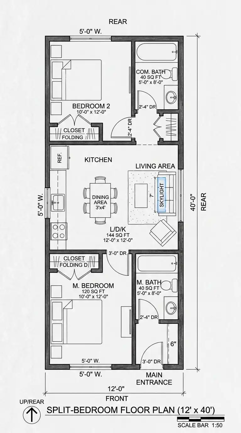 12′ x 40′ Floor Plan Layout (480 sq ft / 44.6 m²)
