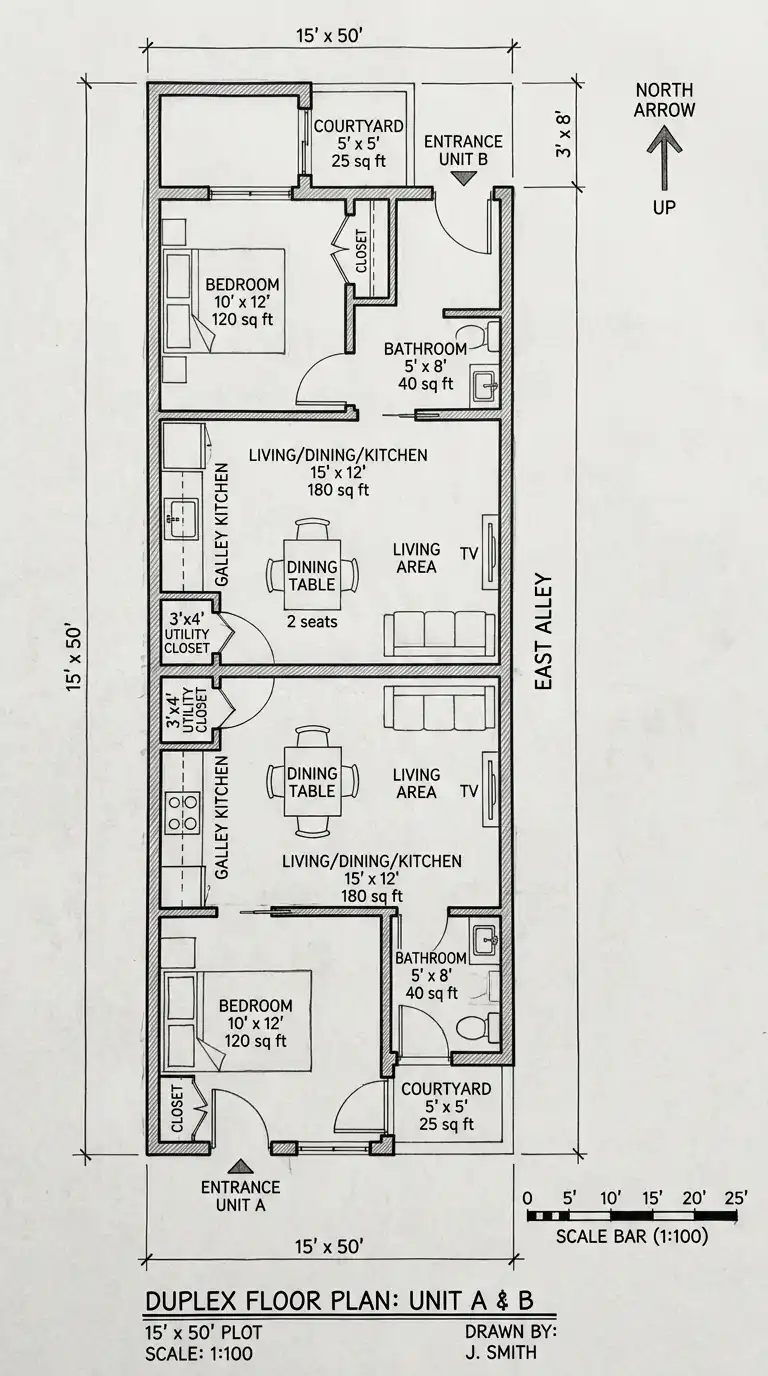 15′ x 50′ House Plan (750 sq ft / 69.7 m²)