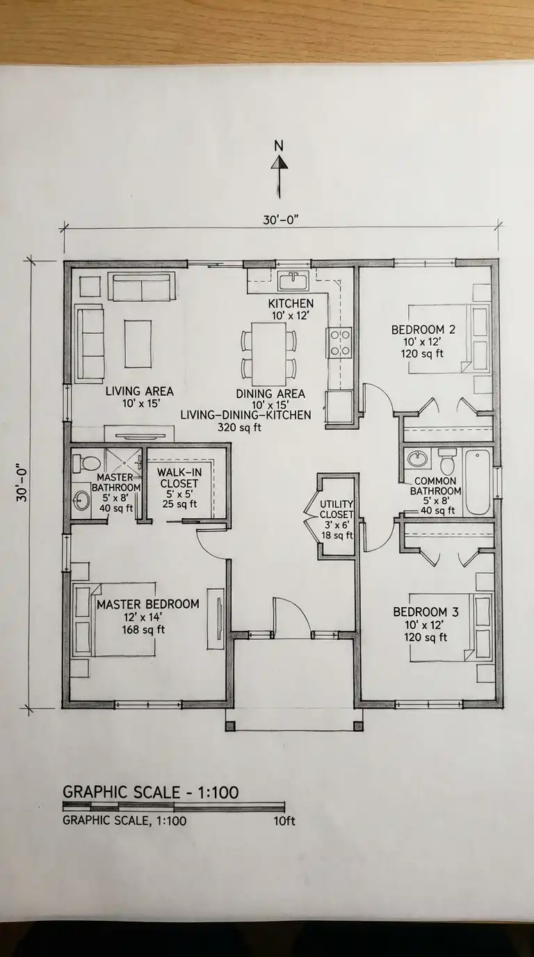 30′ x 30′ House Plan (900 sq ft / 83.6 m²)