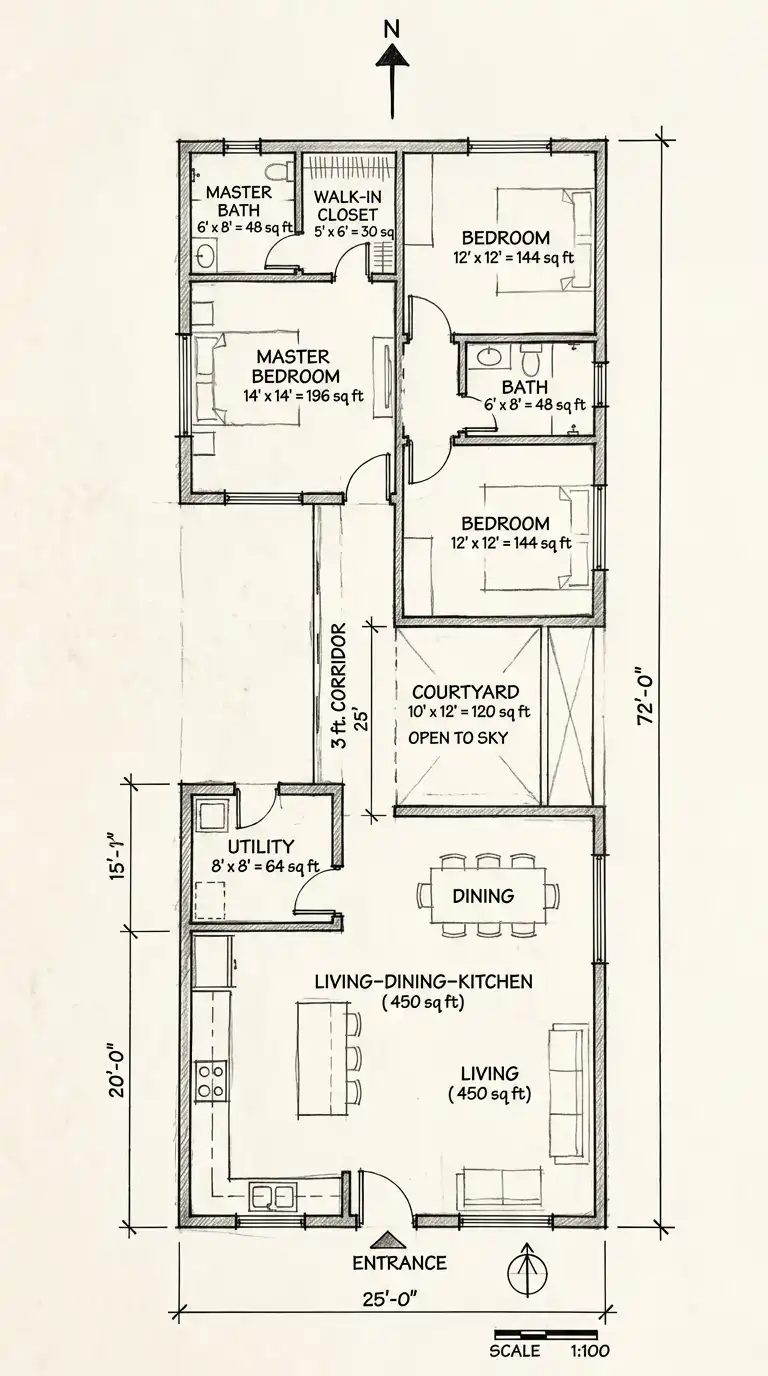 30′ x 60′ House Plan (1,800 sq ft / 167 m²)