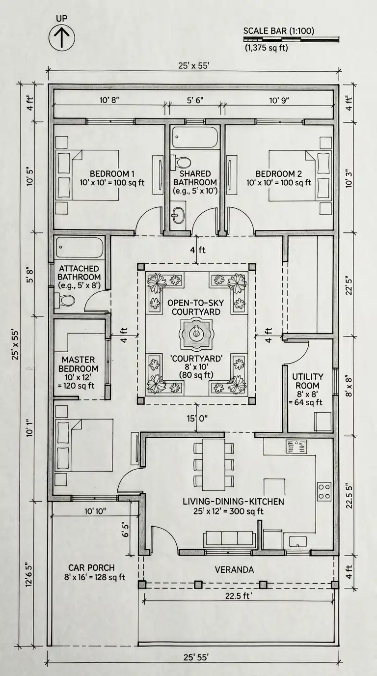 5 Marla House Plan (Approx. 1,361 sq ft / 126.5 m²)
