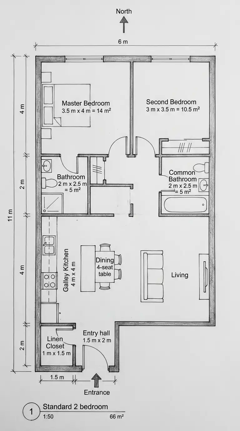 2 Bedroom Apartment Floor Plan (2 BHK)