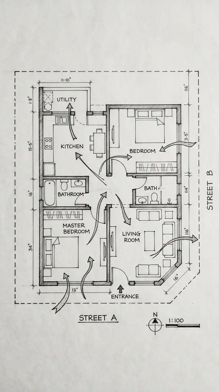 2BHK House Plan (2 Bedrooms, Hall, Kitchen)
