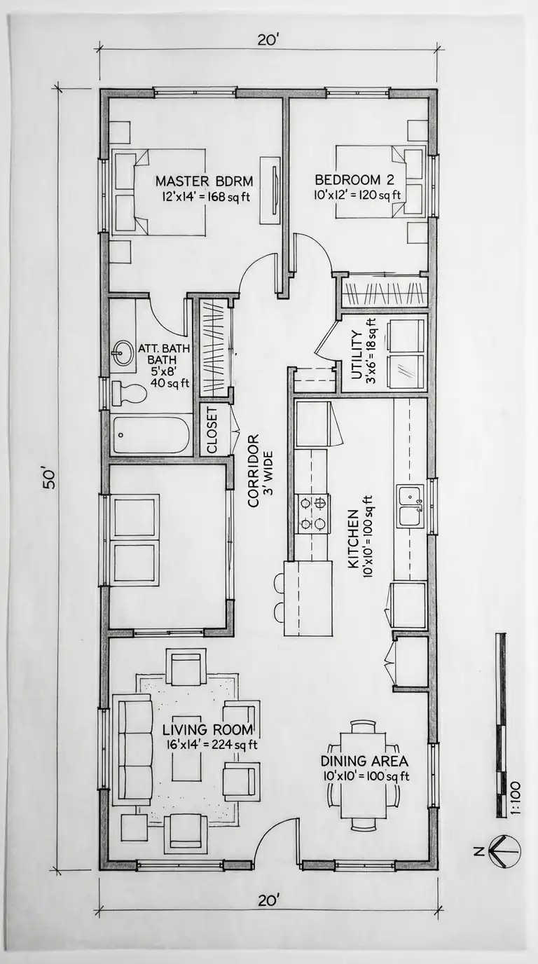 20′ x 50′ House Plans (1000 sq ft / 93 m²)