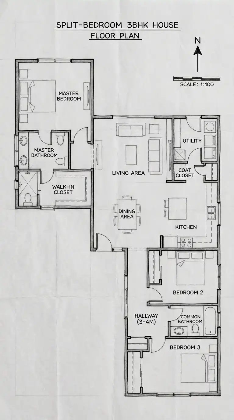 3BHK House Plans (3 Bedrooms, Hall, Kitchen)