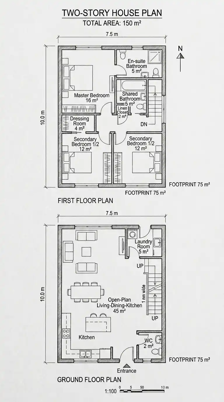 5 Plan Maison 150 m² (House Plan 150 sq m / 1,615 sq ft)