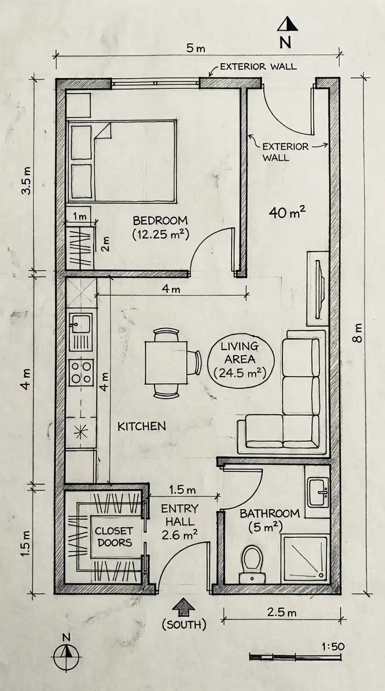 1BHK House Plan (1 Bedroom, Hall, Kitchen)